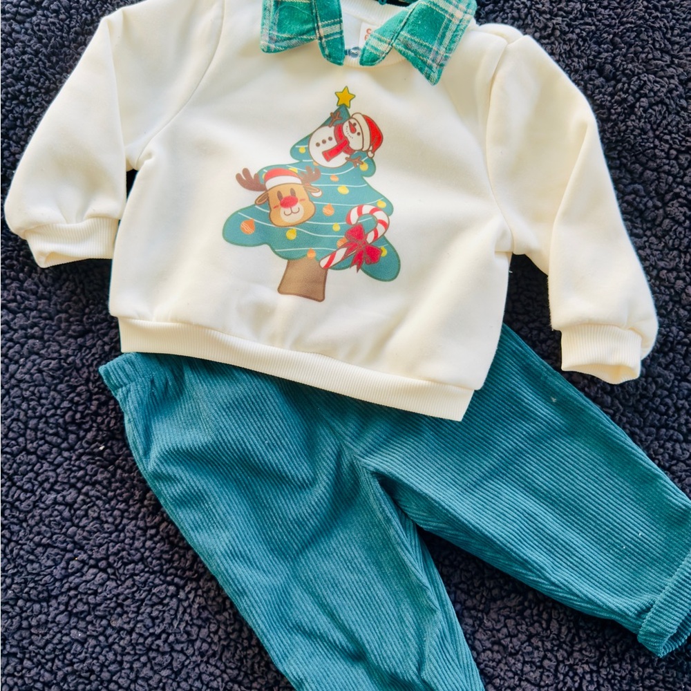 Festive Christmas Tree Sweatshirt and Green corduroy Pants Set 9-12M